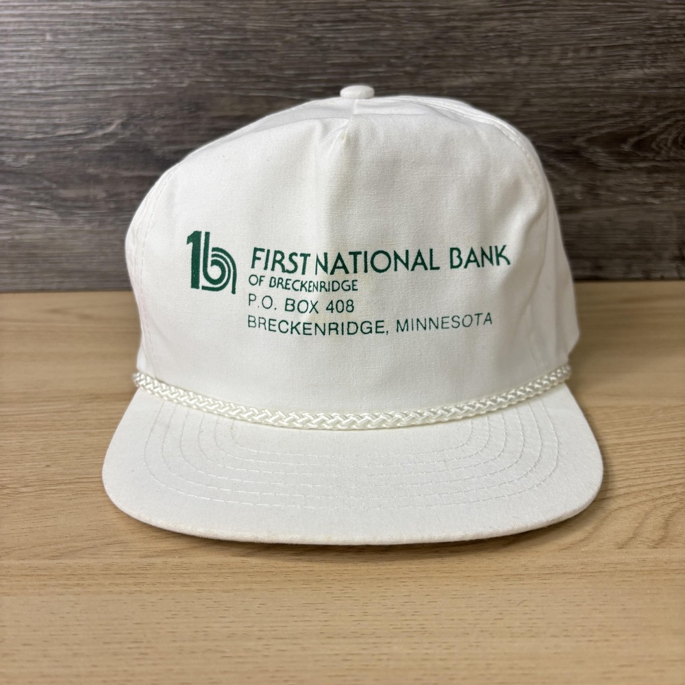 Vintage First National Bank Breckenridge Hat Cap Strap Back White Rope Mens 90s